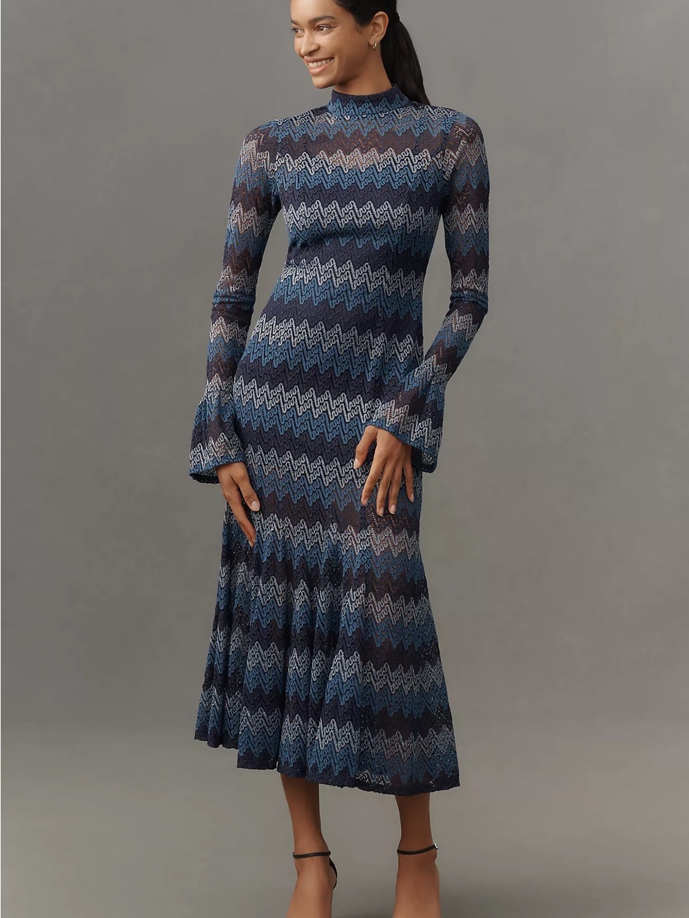 En Saison Lorraine Midi Sweater Dress Blue Lace Bell Sleeve NWT Size S